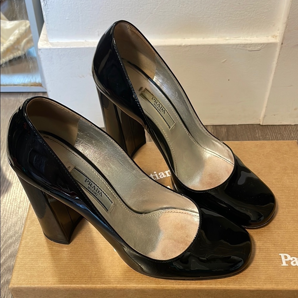 Prada Black Patent Leather Heels with Chunky Block Heel